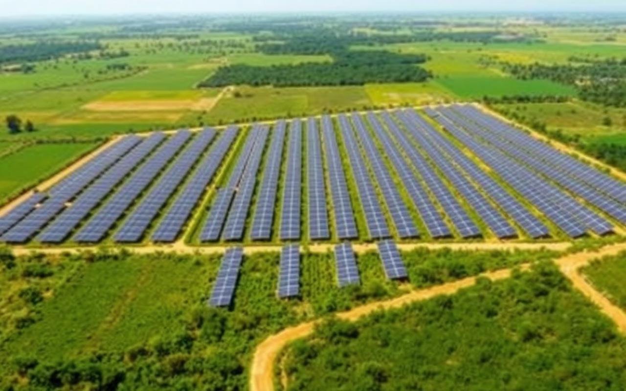 Usina solar com fileiras de painéis fotovoltaicos vista de cima